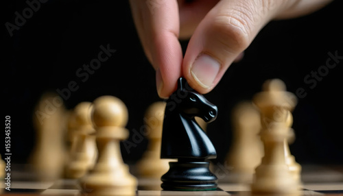 Close-up of hand moving black knight on chessboard, symbolizing strategy, planning, and decision-making in action.