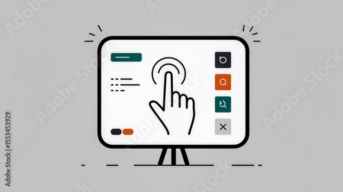 Hand touching a digital computer screen with various icons isolated on white background