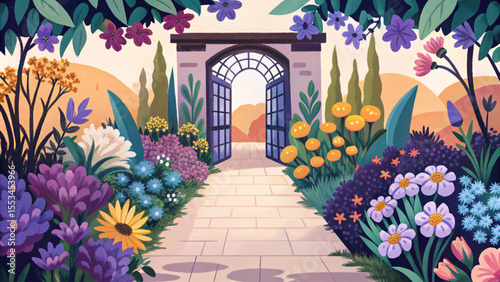 Secret garden path surrounded by blooming flowers and lush greenery vector, perfect for fantasy themes, nature scenes, romance, and storybook visuals
