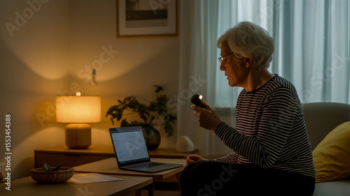 Senior woman using flashlight and laptop in dimly lit living room at home