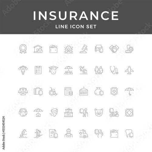Insurance Line Icon Set – Policy, Protection, Health, Car, Home, Life, Finance, Minimal Vector Collection