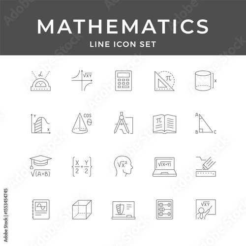 Mathematics Line Icon Set – Math, Geometry, Algebra, Calculator, Formula, Graph, School, Minimal Vector Collection