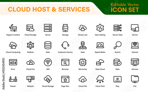 Set of web hosting and cloud services icons. Linear style icon bundle.Outline icon collection.