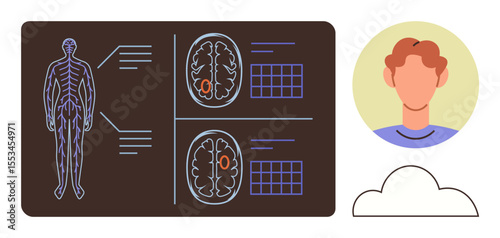 Human anatomy diagram with detailed brain analysis, neural mapping, and grids. Nearby, a human profile represents identity or emotions. Ideal for healthcare, neurology, research, education mental