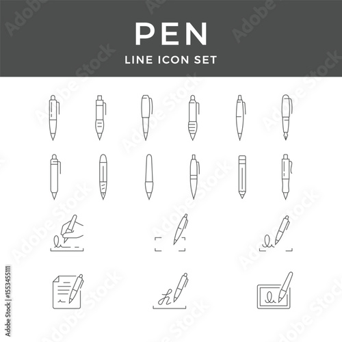 Pen Line Icon Set – Ballpoint, Writing, Stationery, Ink, Signature, Office, Tool, Minimal Vector Collection