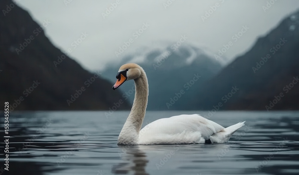 Fototapeta premium Elegant Swan Gliding Through Calm Water in Mountain Landscape