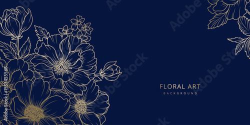 Luxury floral blue background with golden flowers pattern in line art style. Frame. Hand drawn vector illustration for greeting card, wedding invitation, save the date, print, cover