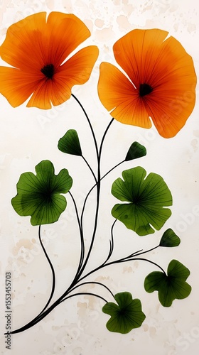 Elegant Watercolor Painting of Orange Poppies and Green Leaves