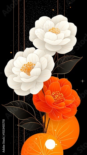 Elegant White and Orange Flowers with Glowing Orbs on Dark Background