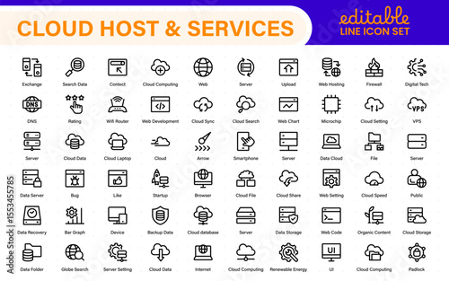 Set of web hosting and cloud services icons. Linear style icon bundle.Outline icon collection.