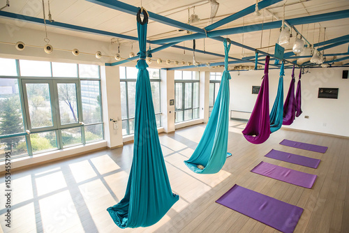 A spacious aerial yoga studio, hanging silk hammocks