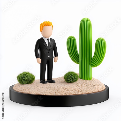 Faceless Businessman Near a Cactus 3D Render of Minimal Desert Scene
