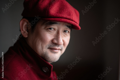 friendly portrait of coat check attendant featuring bright headwear positioned on left side of frame