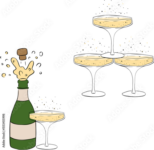 Champagne bottle and glass composition set. Vector graphic line ink illustration. Silhouette sign for logo, print, comics, fashion, pop art, boards, design, stickers, decoration, posters