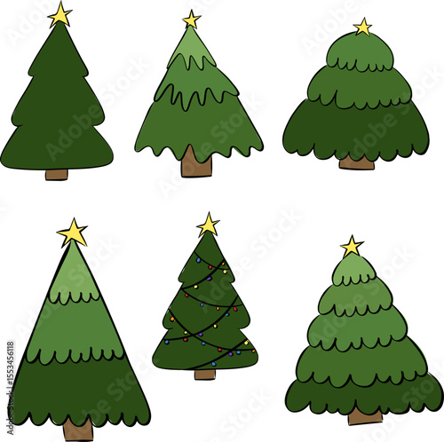 Green trees isolated set. Vector graphic line ink illustration. Stone pine, spruce, maple, birch, cedar, oak, brachychiton, banyan, willow, larch, palm, scots pine forest tree icons. Nature concept.