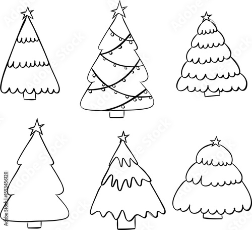 Festive Christmas trees isolated set. Vector graphic line ink illustration. Black winter trees collection for holiday xmas and new year. For poster, flyer, banner, invitation, social media, party
