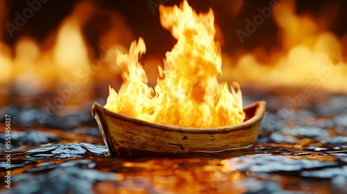 Fiery Boat Inferno Small Wooden Vessel Ablaze on Dark Water