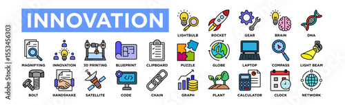 innovation icon set. Editable Stroke Icon Collection. Lightbulb, Rocket, Gear, Brain, DNA, Puzzle, Globe, Laptop, Compass, Light Beam, Magnifying Glass, Innovation Hub, 3D Printing, Blueprint, Clipboa