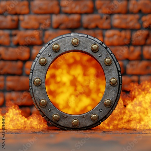 Fiery Metal Portal Against Brick Wall