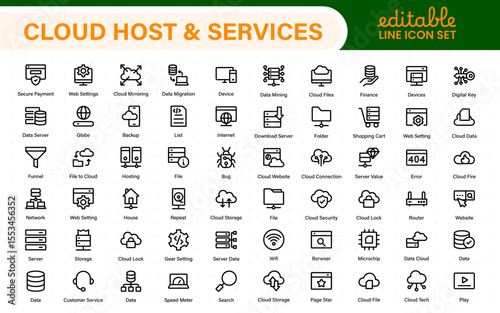 Set of web hosting and cloud services icons. Linear style icon bundle.Outline icon collection.