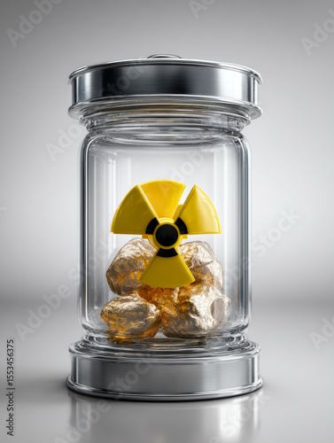 Realistic radioactive material sealed in transparent lead-glass container with hazard labels