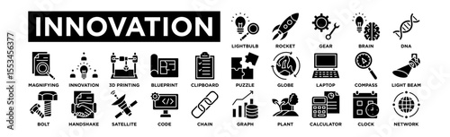 innovation icon set. Editable Stroke Icon Collection. Lightbulb, Rocket, Gear, Brain, DNA, Puzzle, Globe, Laptop, Compass, Light Beam, Magnifying Glass, Innovation Hub, 3D Printing, Blueprint, Clipboa