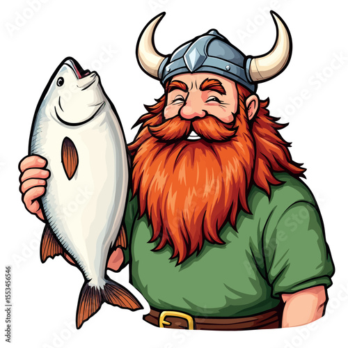 Happy Viking Fisherman Holding Up A Large Catch Of Fresh Fish In A Jolly Manner