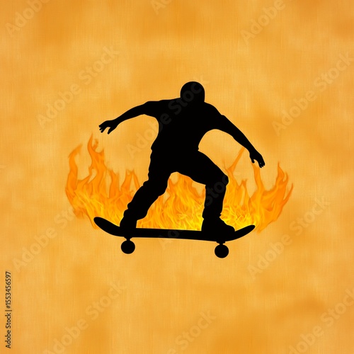 Fiery Skateboard Silhouette on Orange Grunge Background