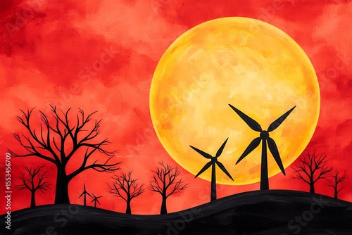 Fiery Sunset Landscape with Silhouetted Trees and Wind Turbines