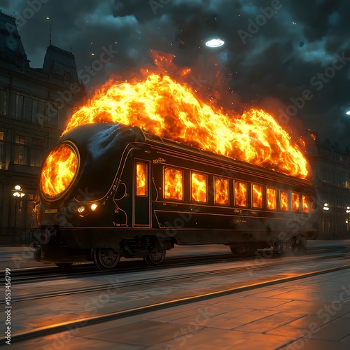 Fiery Vintage Train Wreck in Night Cityscape