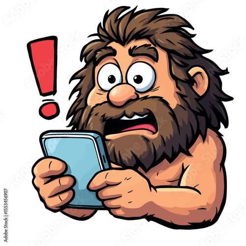 Cartoon Caveman Shocked By Smartphone Screen Exclamation Mark Graphic
