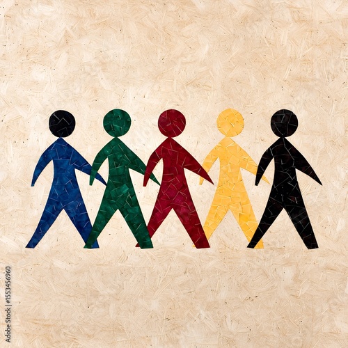 Five Colorful Stylized Figures Walking Together on Beige Textured Background