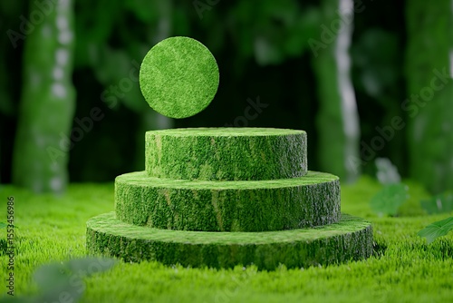 Floating Moss Sphere on a Three Tiered Platform in a Green Forest