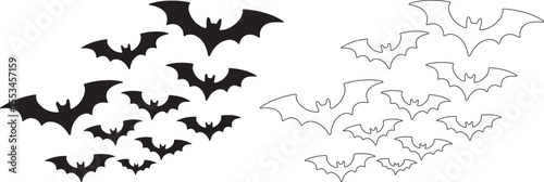 Silhouette and Outline Bat Set – Halloween Flying Bats Vector Illustration