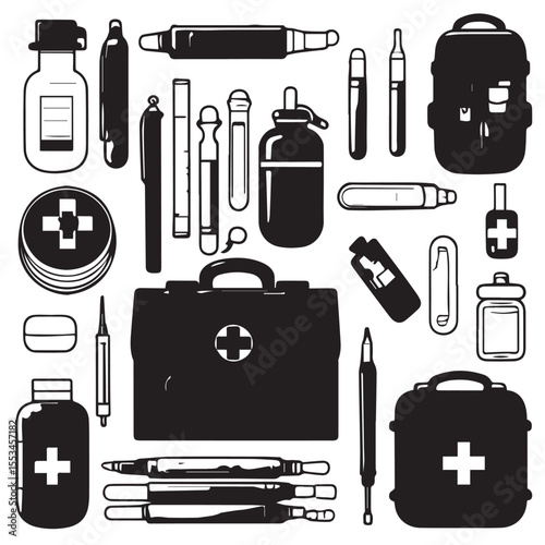 War Medic Kit Flat Vector Set silhouette