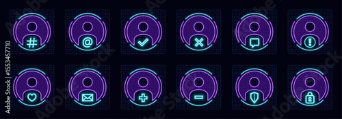 User account symbol set, cyber neon visual, glowing border grid vector.