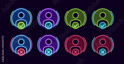 Accept and denied profile symbol set, cyber neon visual, glowing border grid vector.