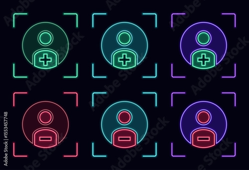 Add remove user symbol set, cyber neon visual, glowing border grid vector.