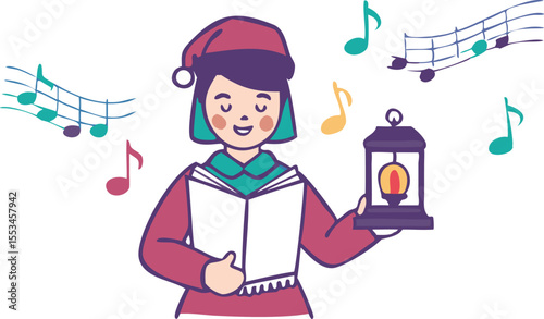 Caroler Holding Lantern Singing Christmas Songs.