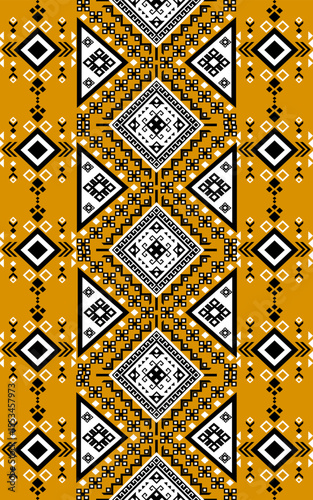 A vibrant geometric tribal pattern featuring black and white diamond shapes on a mustard yellow background, creating a bold and intricate design.