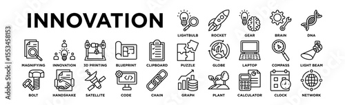 innovation icon set. Editable Stroke Icon Collection. Lightbulb, Rocket, Gear, Brain, DNA, Puzzle, Globe, Laptop, Compass, Light Beam, Magnifying Glass, Innovation Hub, 3D Printing, Blueprint, Clipboa