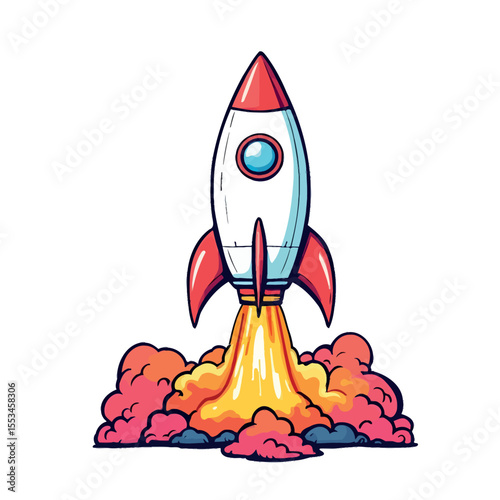 A Vibrant Cartoon Rocket Launching into Space with Fiery Exhaust and Billowing Smoke Clouds