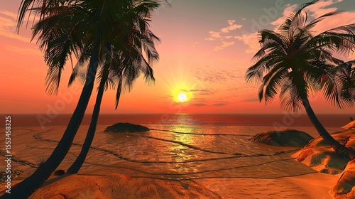 Tranquil Beach Sunset with Golden Horizon and Silhouetted Palm Trees, Calm Ocean Waves under Pastel Sky Featuring Serene Seascape Ambiance for Travel and Relaxation Themes