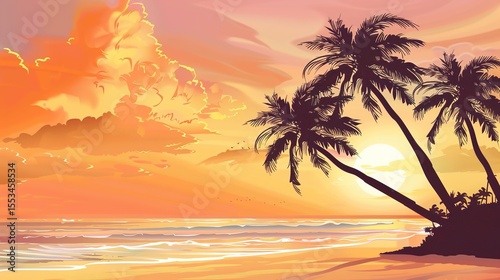 Tranquil Beach Sunset with Golden Horizon and Silhouetted Palm Trees, Calm Ocean Waves under Pastel Sky Featuring Serene Seascape Ambiance for Travel and Relaxation Themes