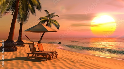 Tranquil Beach Sunset with Golden Horizon and Silhouetted Palm Trees, Calm Ocean Waves under Pastel Sky Featuring Serene Seascape Ambiance for Travel and Relaxation Themes
