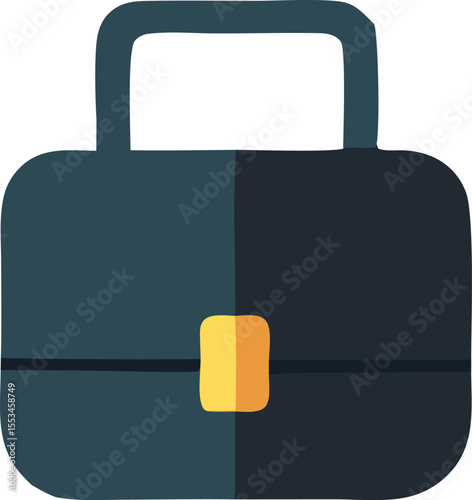A simple flat design illustration of a dark blue briefcase with a bright yellow and orange clasp suitable for business or travel themes
