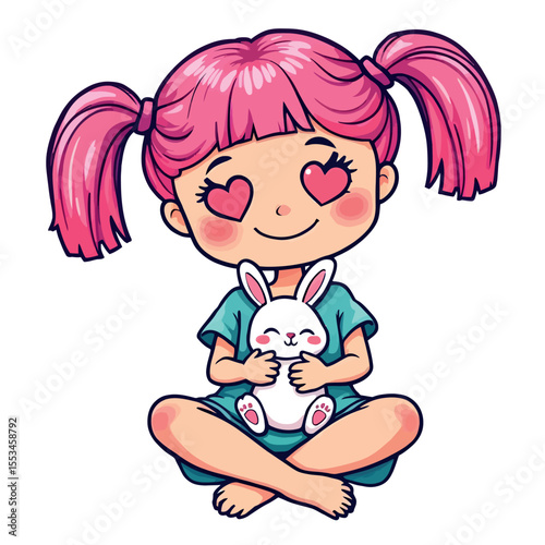 Adorable Kawaii Girl with Pink Pigtails Holding a Cute White Bunny Rabbit