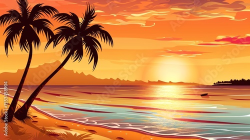 Tranquil Beach Sunset with Golden Horizon and Silhouetted Palm Trees, Calm Ocean Waves under Pastel Sky Featuring Serene Seascape Ambiance for Travel and Relaxation Themes