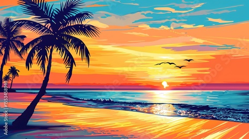 Tranquil Beach Sunset with Golden Horizon and Silhouetted Palm Trees, Calm Ocean Waves under Pastel Sky Featuring Serene Seascape Ambiance for Travel and Relaxation Themes