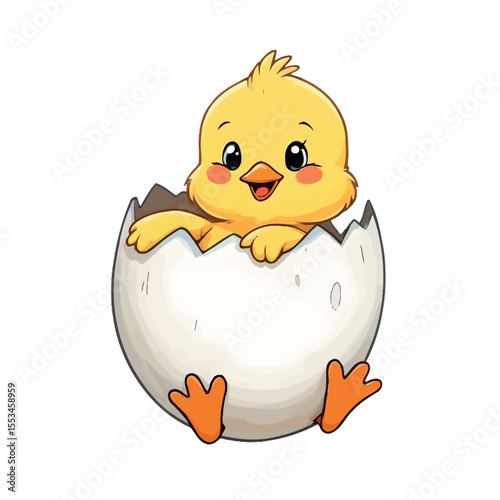 Adorable Baby Chick Emerging from a Cracked Eggshell Cute Newborn Bird Vector Sticker Design